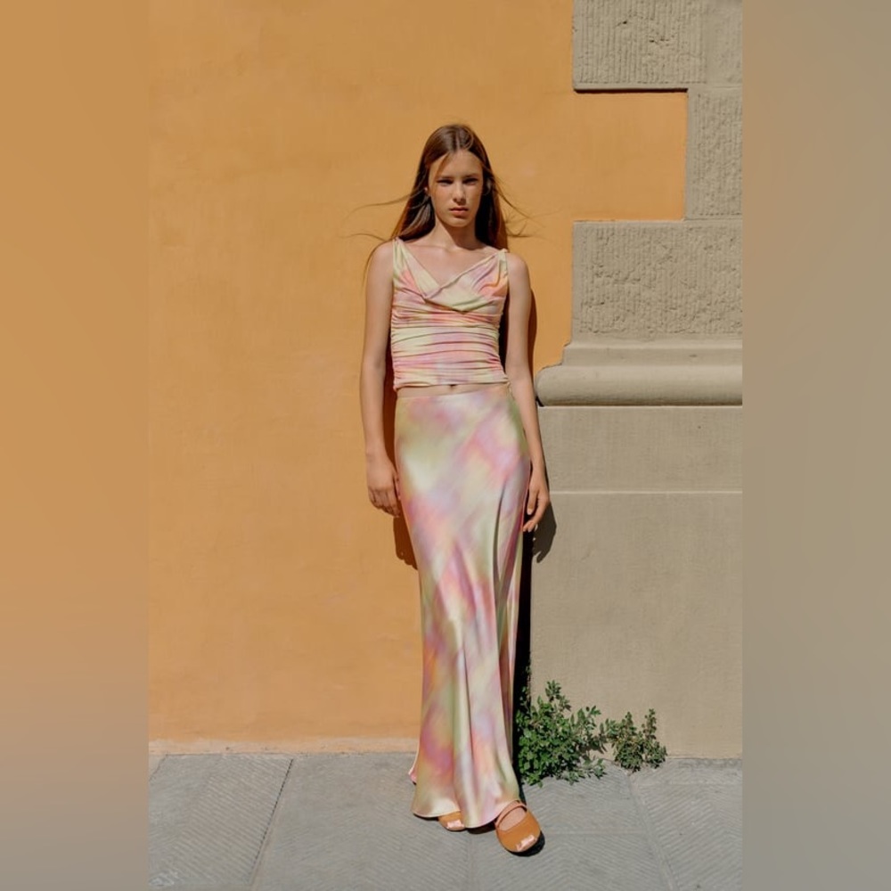 Zara Set: Tie Dye Satin Effect Crop Top & Skirt